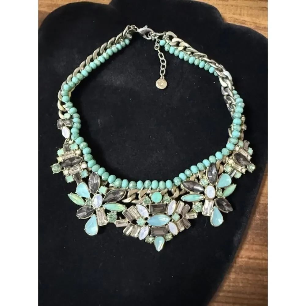 Vintage Silver Tone Chain Statement Sea Green Grey White Rhinestones 16"